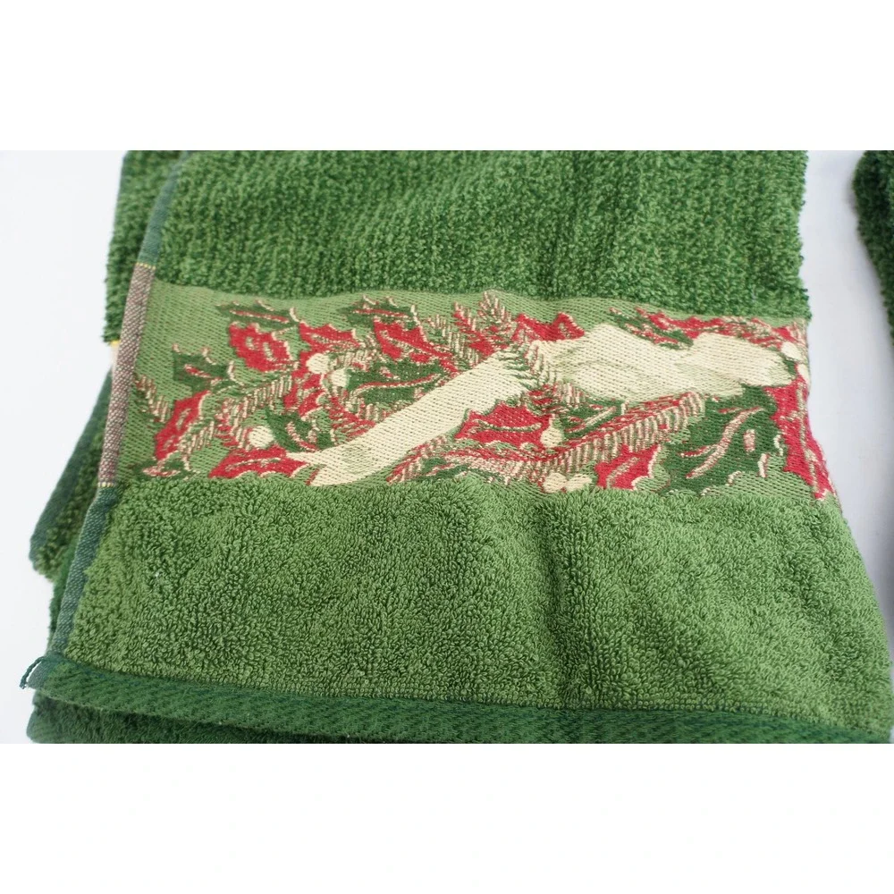 Santens Towel Set 4 Piece Green Holly Bow Pine Christmas‎ Holiday Cotton EUC